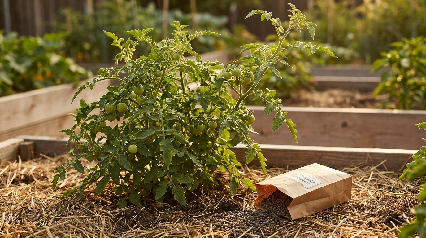 Plant de tomates vigoureux avec granulés d'engrais au pied