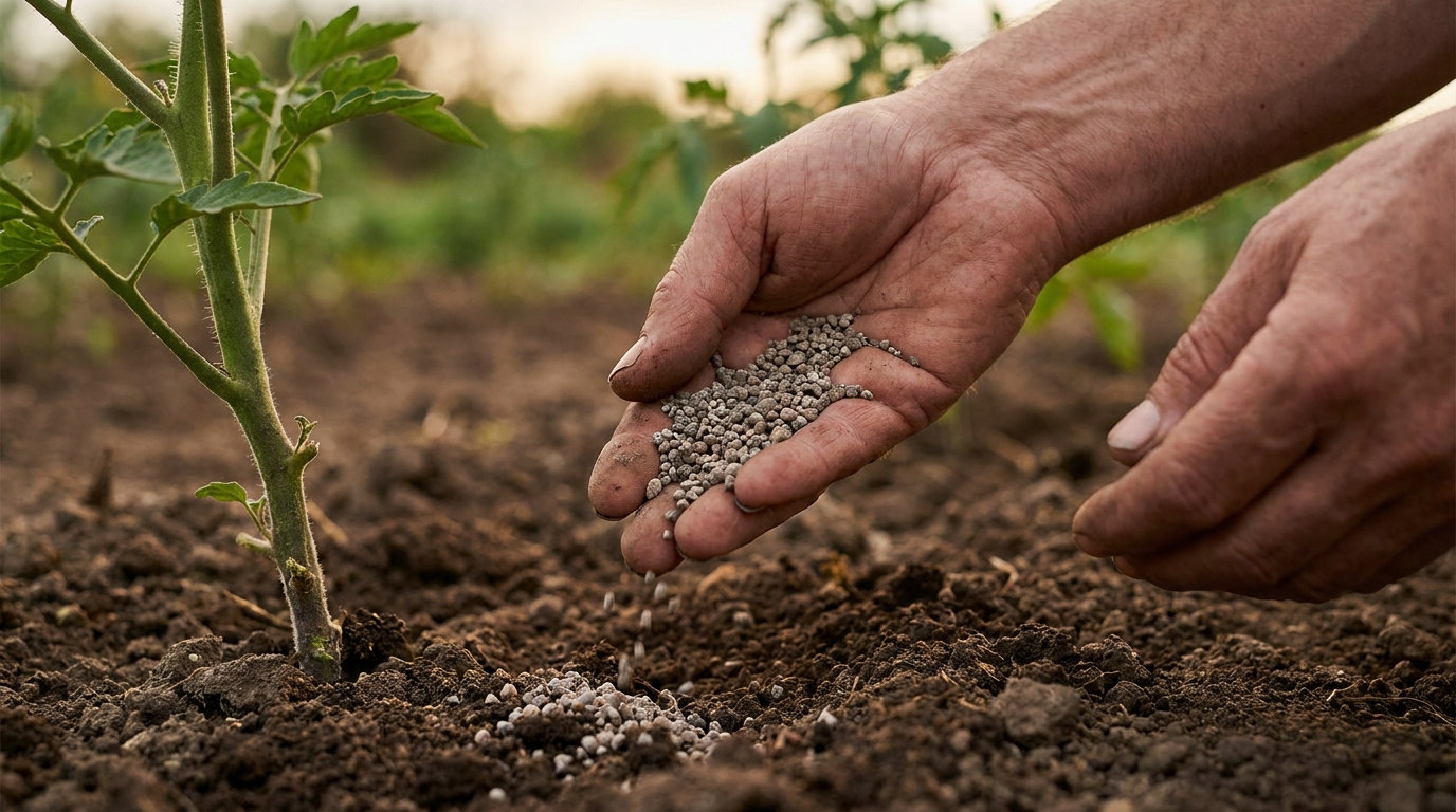 Mains saupoudrant des granulés d'engrais au pied d'un plant