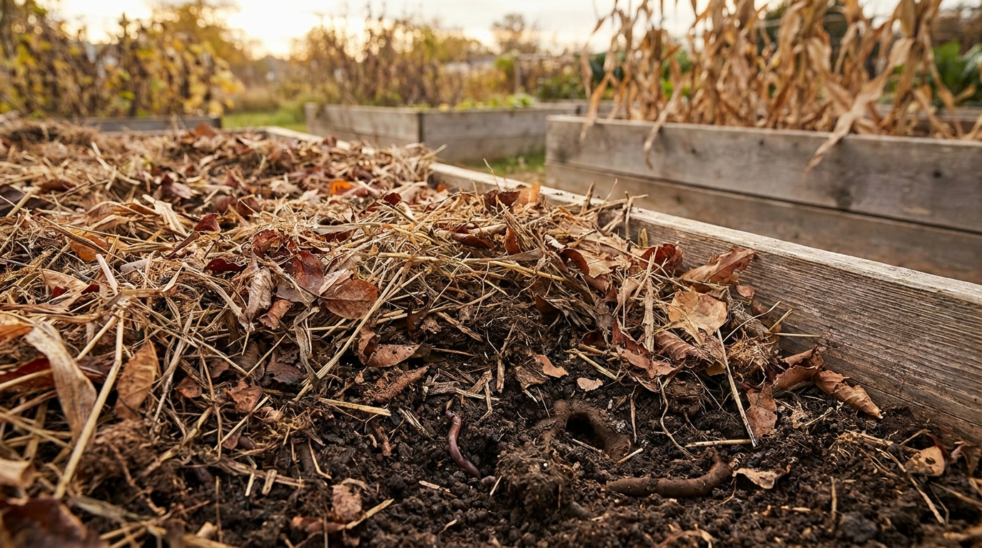 Paillage de feuilles mortes recouvrant un sol de potager