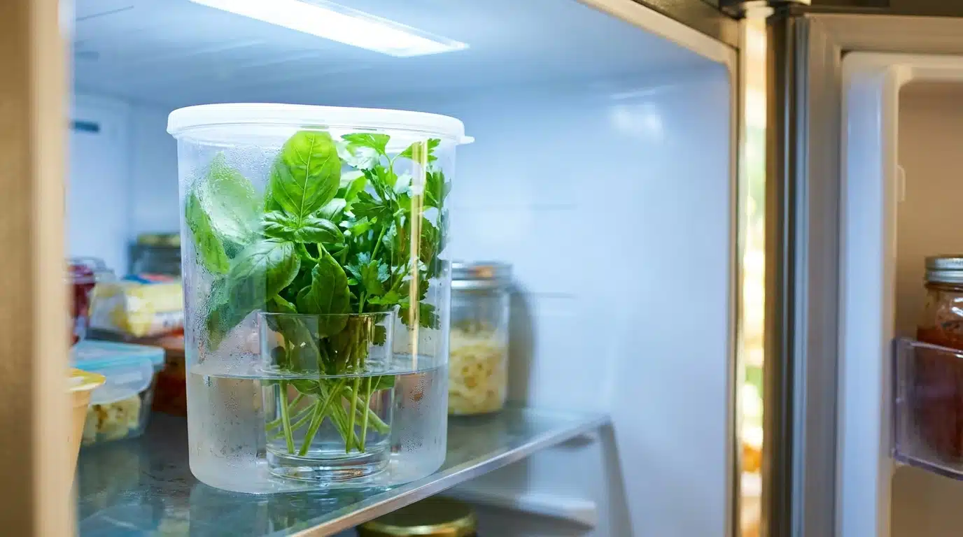 Récipient blanc rempli d'herbes fraîches dans un frigo