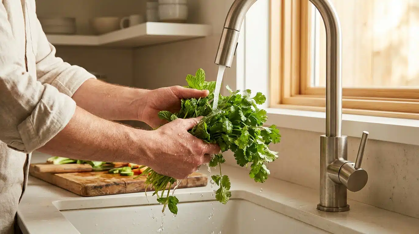 Mains rinçant des herbes aromatiques sous un robinet de cuisine
