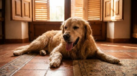 Chien haletant allongé sur du carrelage frais en été