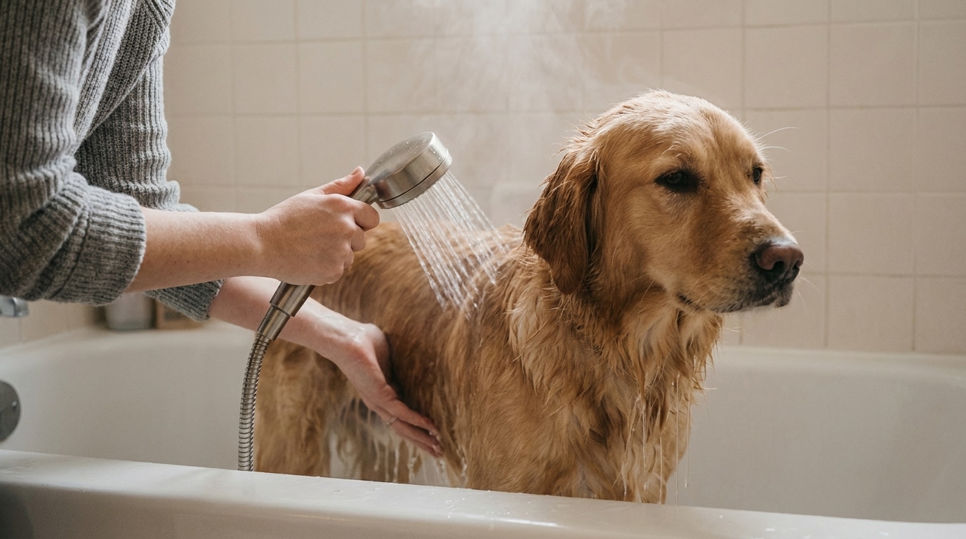 Mains douchant le ventre d'un chien dans une baignoire