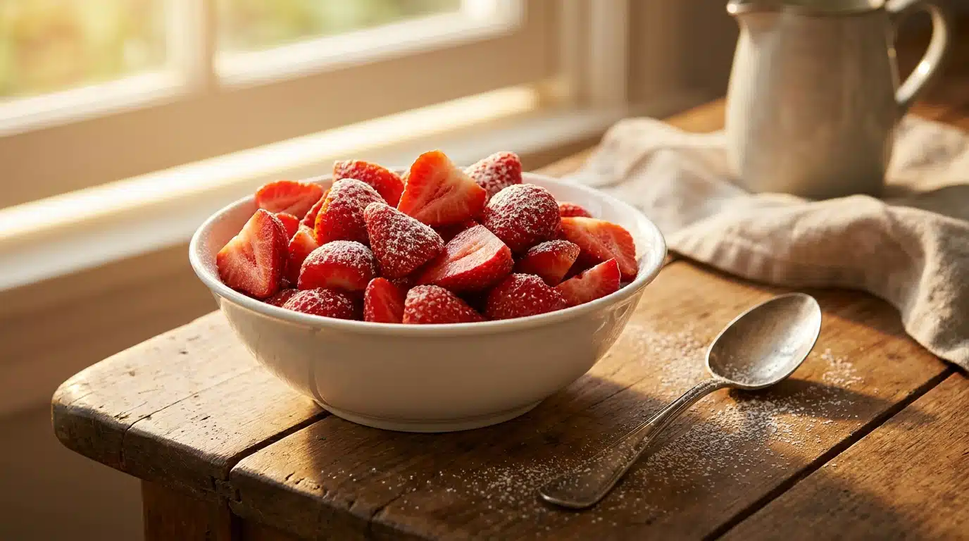 Saladier de fraises fraîchement coupées avec du sucre