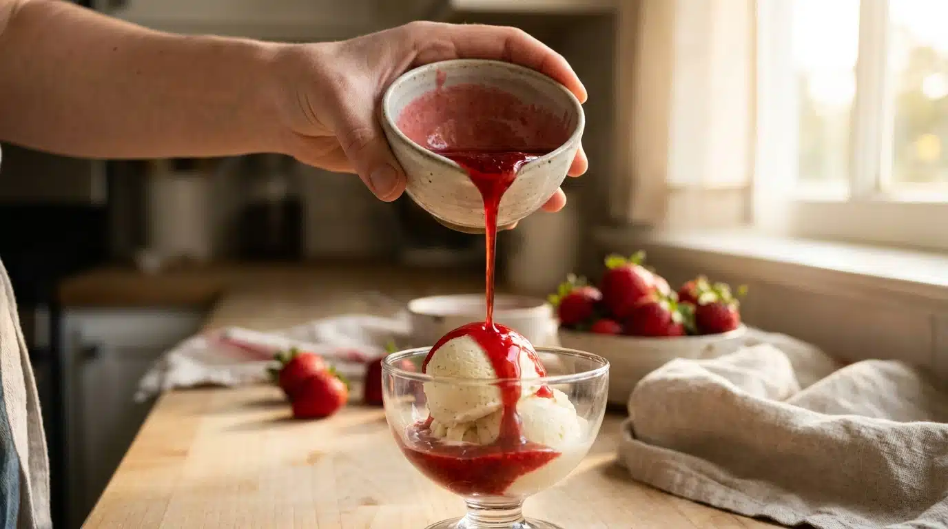 Sirop naturel de fraises versé sur une glace vanille