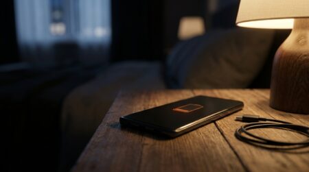 Smartphone Samsung posé sur table de nuit avec câble débranché
