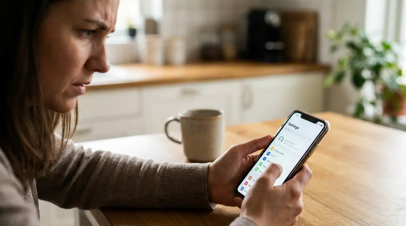 Mains tenant un téléphone Samsung ouvert sur les paramètres