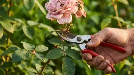 Main tenant un sécateur sur une tige de rosier près d'une feuille à cinq folioles