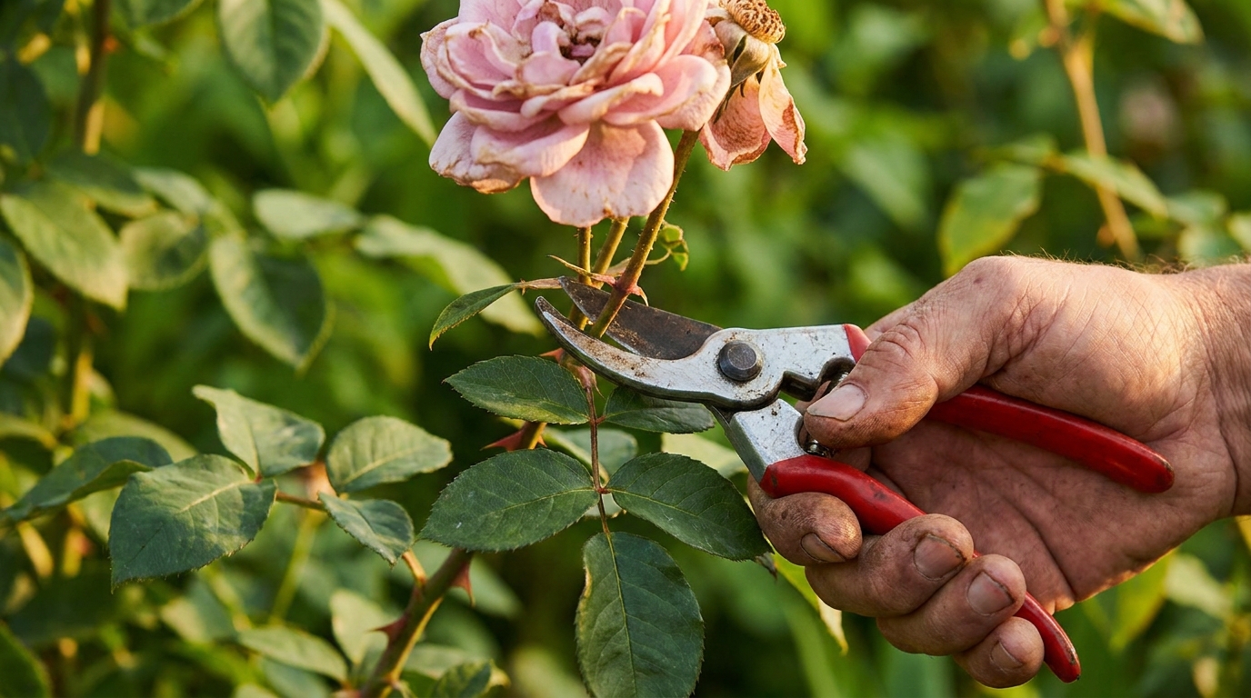 Main tenant un sécateur sur une tige de rosier près d'une feuille à cinq folioles