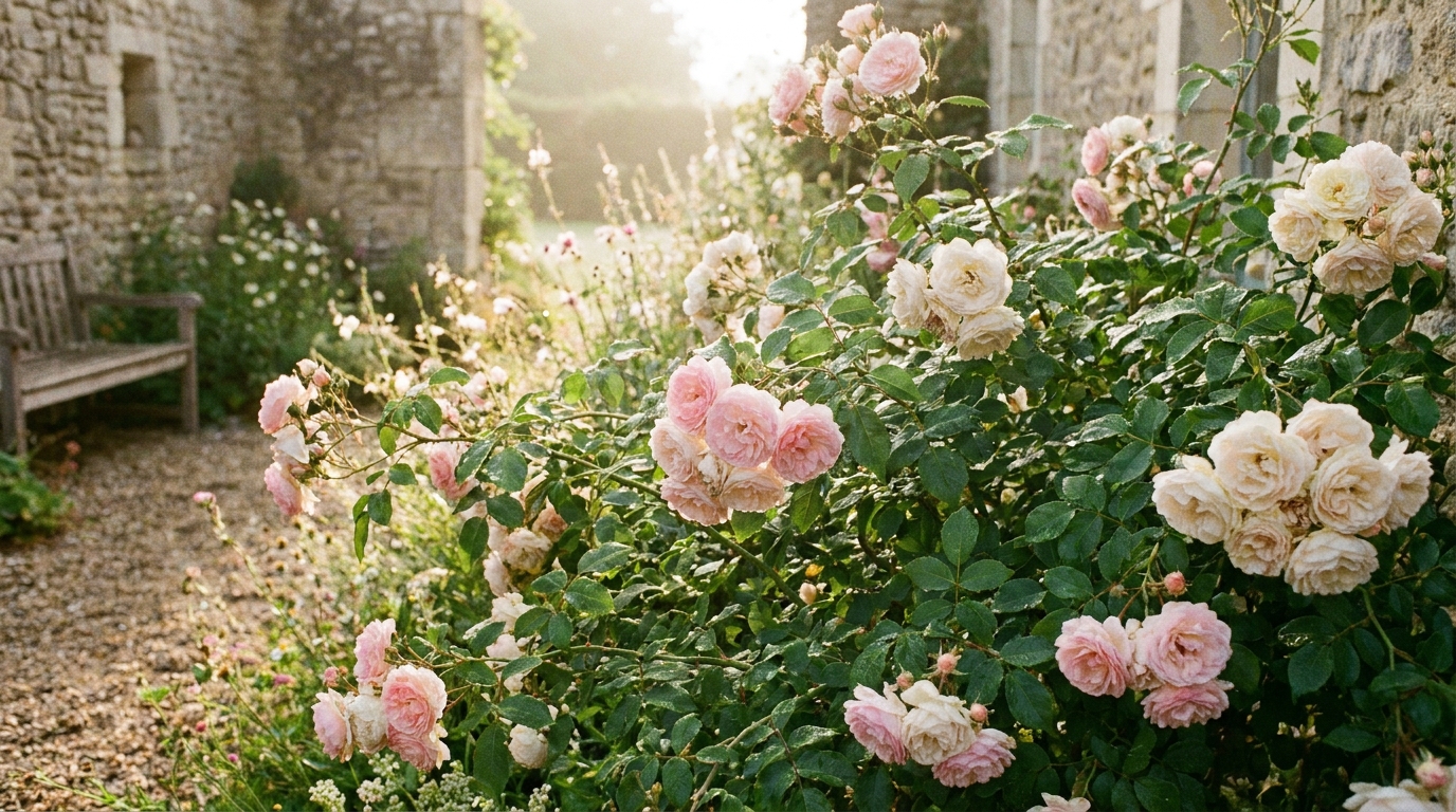 Rosier buisson en pleine floraison dans un jardin