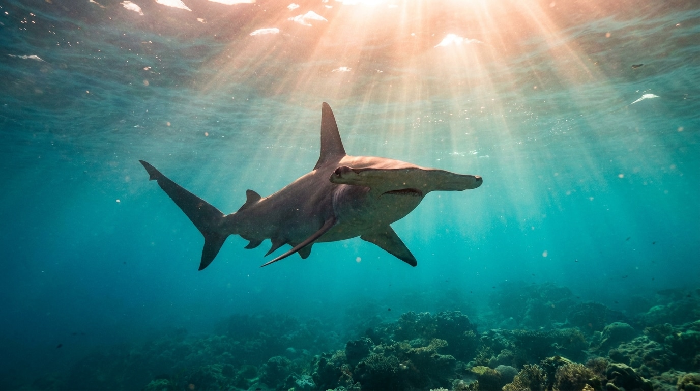 Grand requin-marteau nageant en eau claire avec sa tête en T