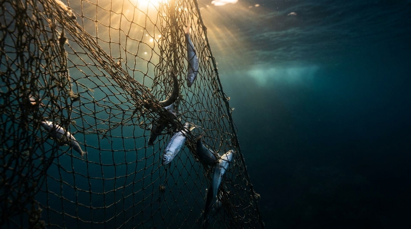 Filet de pêche sous-marin éclairé par la lumière du soleil