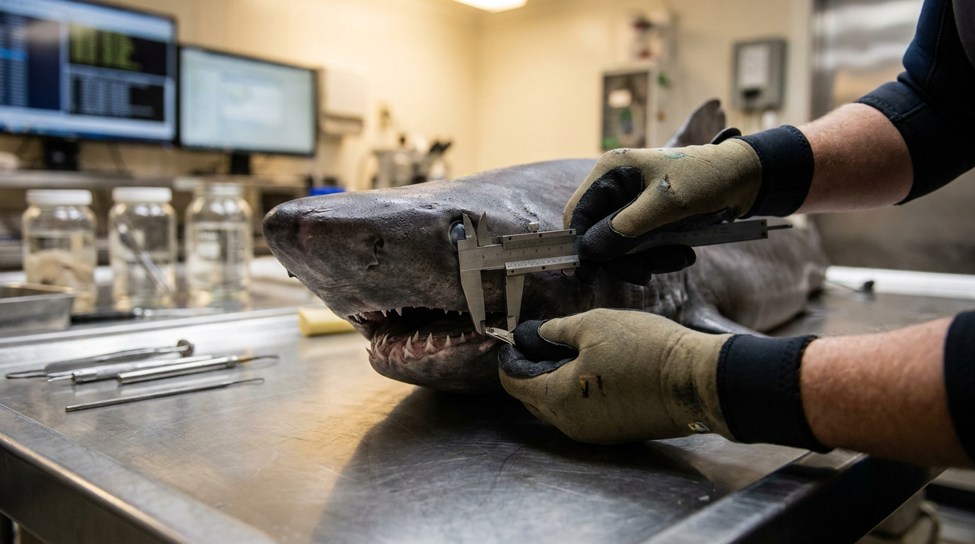 Mâchoire de requin examinée en laboratoire par un scientifique