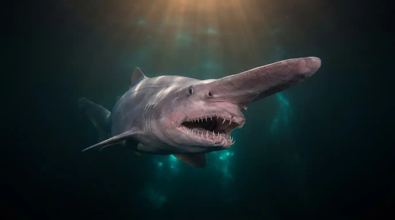 Requin-lutin aux mâchoires saillantes dans les profondeurs océaniques