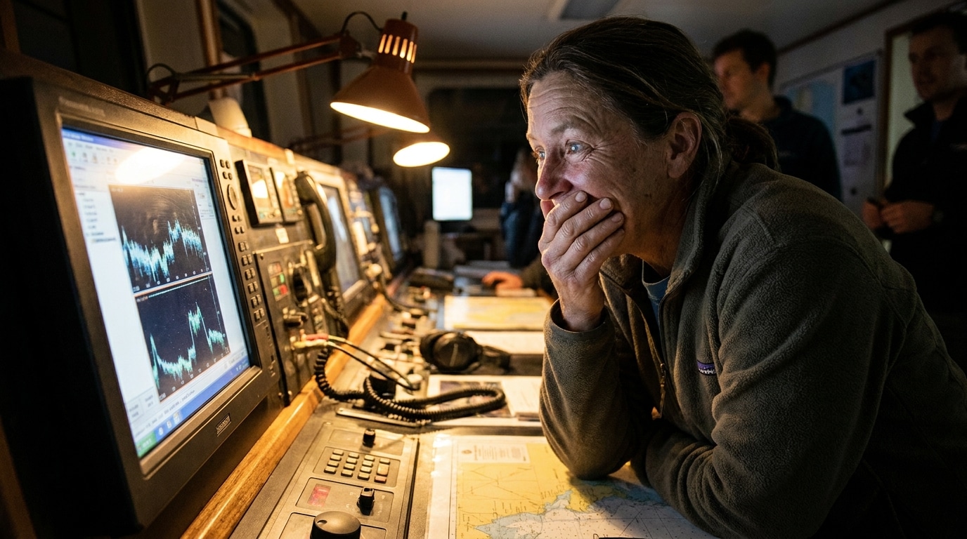 Chercheuse stupéfaite devant un écran dans un navire de recherche