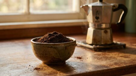 Bol de marc de café sur un plan de travail en bois