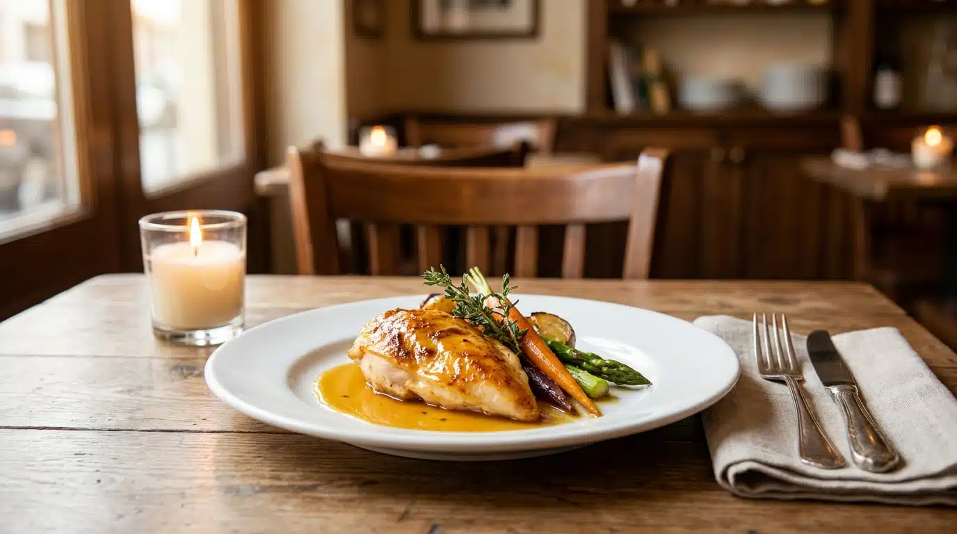 Assiette gastronomique dressée dans un restaurant bistronomique