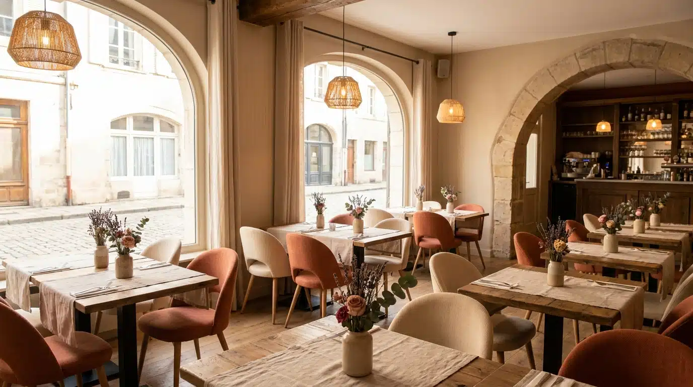 Salle de restaurant contemporaine avec décoration florale et lumière tamisée