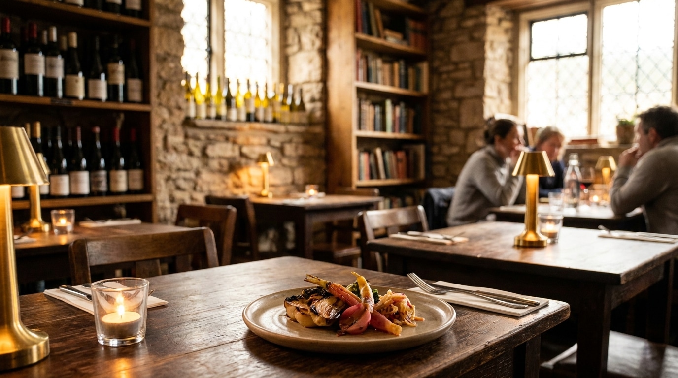 Intérieur intimiste d'un restaurant gastronomique dans une ancienne librairie