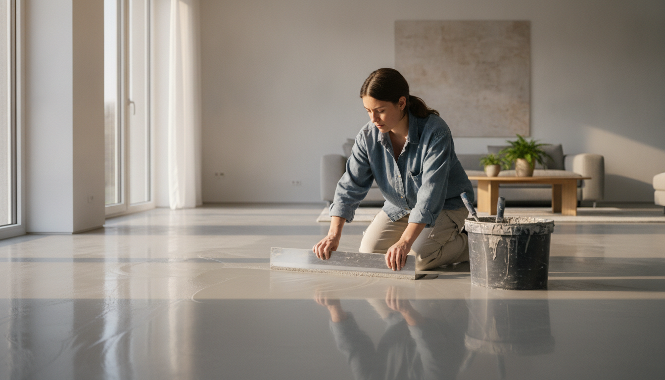 Artisan appliquant du micro-ciment sur un sol de séjour moderne