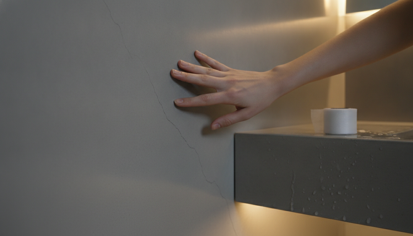 Microfissure visible sur un mur en béton ciré dans une salle de bain