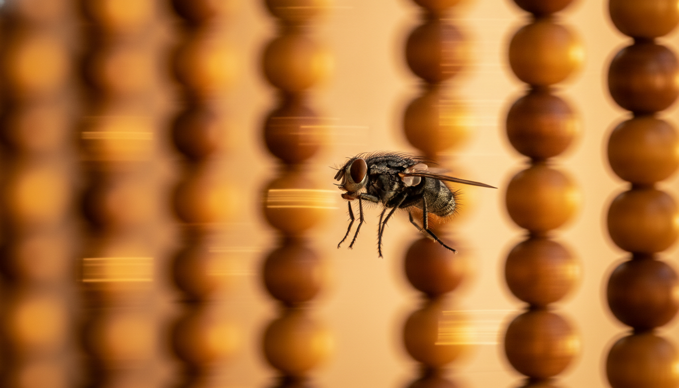 Mouche hésitant devant un rideau de perles en mouvement
