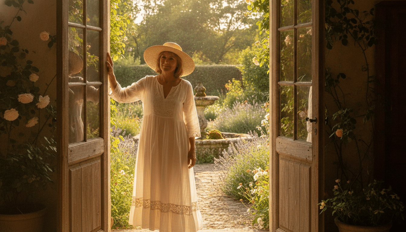 Femme devant une porte d'entrée ouverte en été