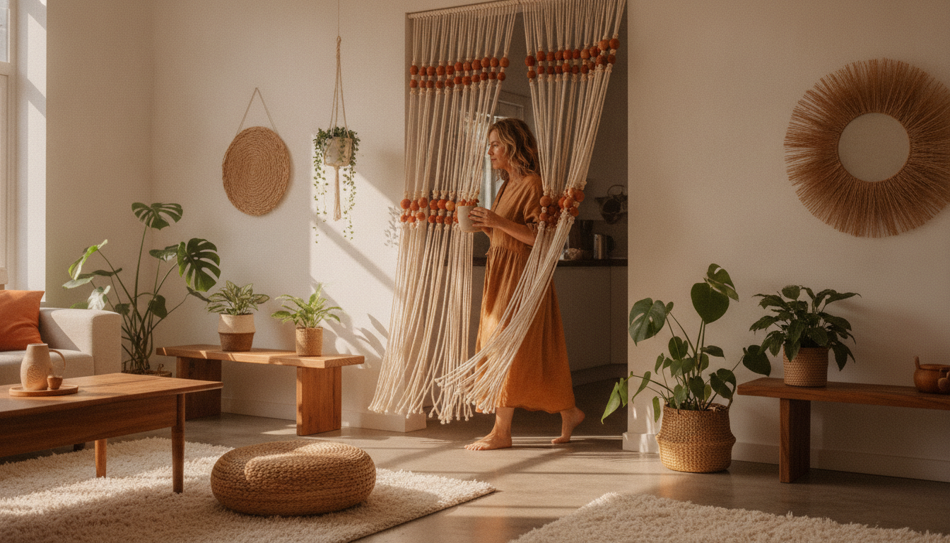 Rideau en macramé dans un intérieur moderne et lumineux