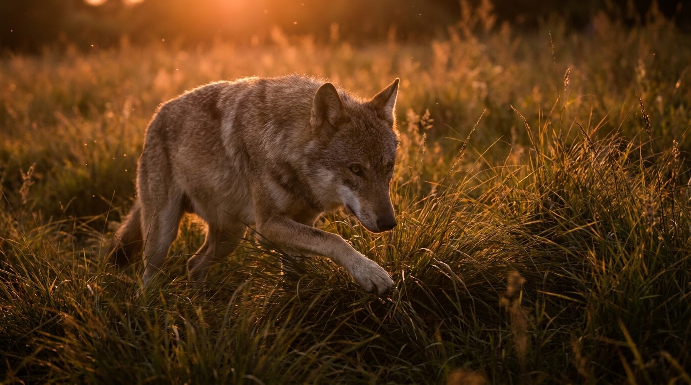 Loup tournant en rond dans l'herbe au crépuscule