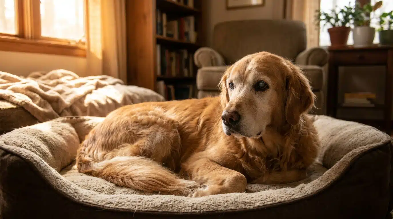 Vieux chien Golden Retriever dans son panier