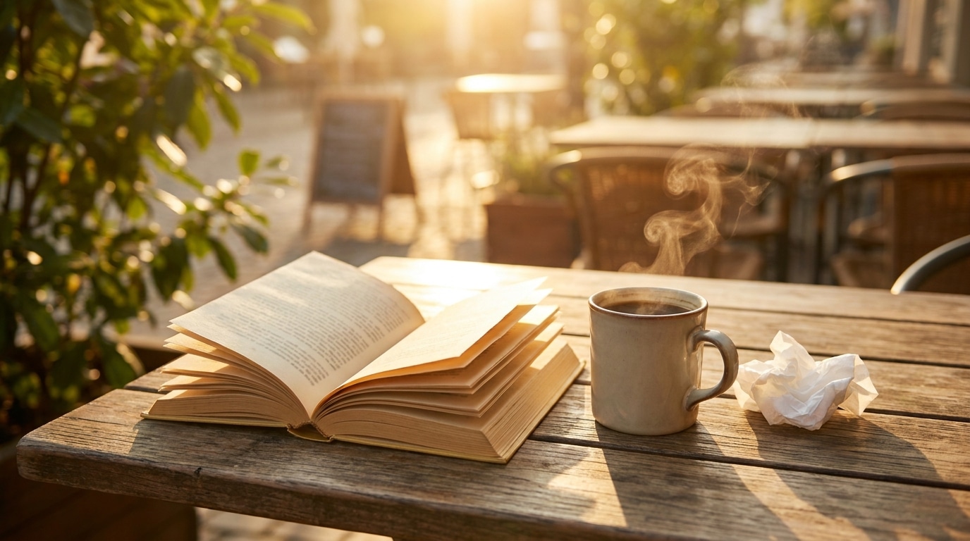Roman ouvert posé sur une table de café en terrasse