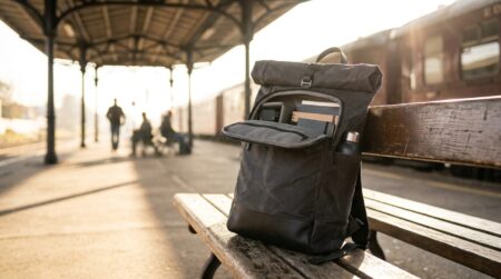 Sac à dos rolltop posé sur un banc de gare ensoleillé