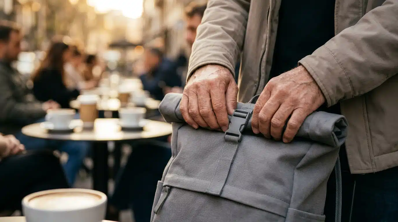 Mains ajustant la fermeture enroulable d'un sac à dos moderne