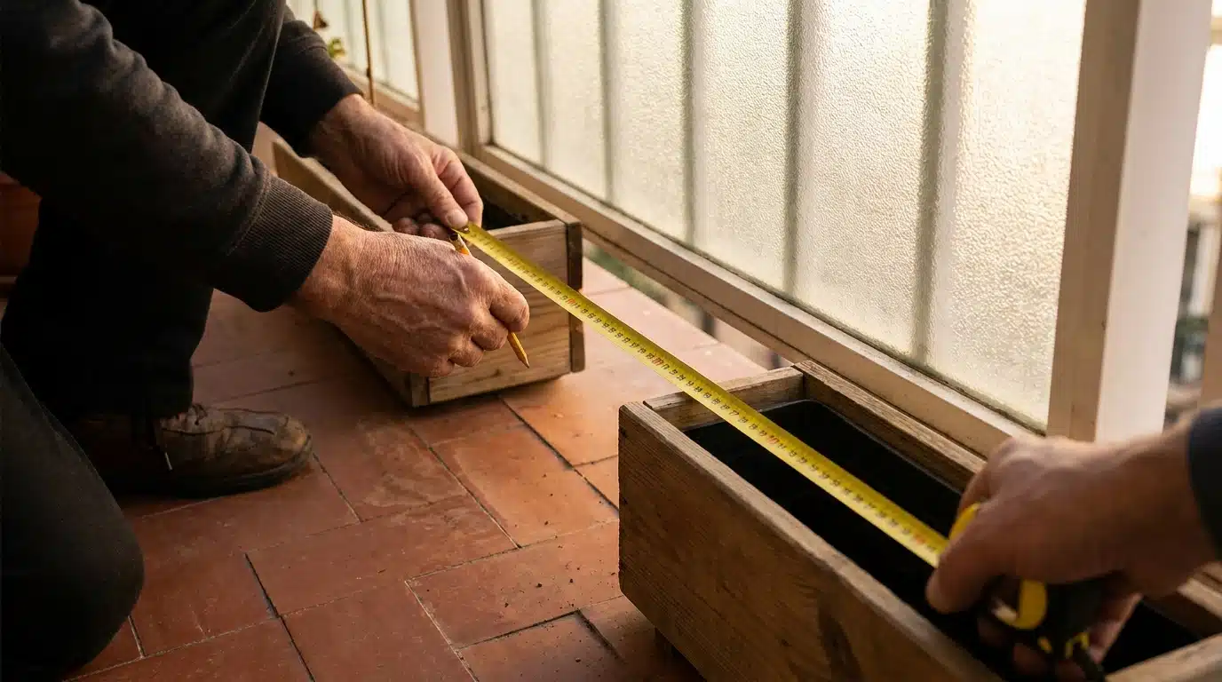Mains mesurant l'espace disponible sur un balcon étroit