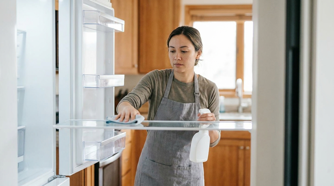 Personne nettoyant l'intérieur d'un réfrigérateur
