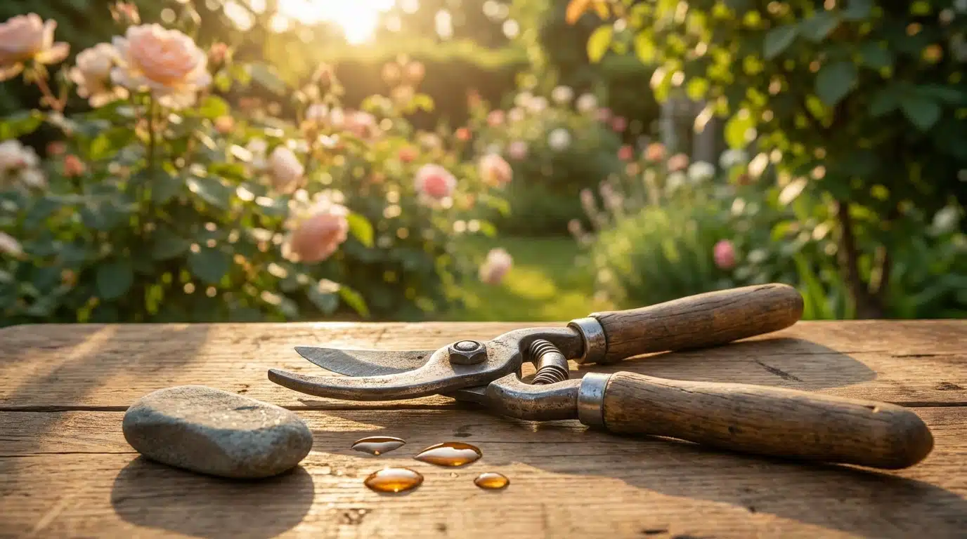 Sécateur manuel en acier forgé posé sur un établi de jardin
