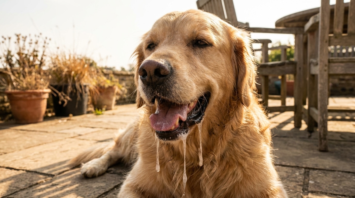 Chien haletant fortement avec de la bave épaisse par temps chaud