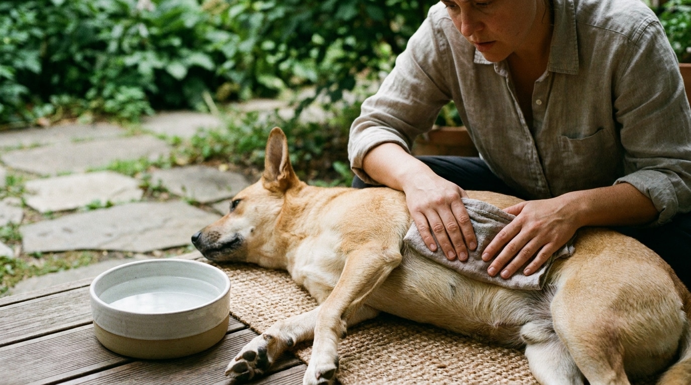 Mains posant une serviette humide sur le ventre d'un chien