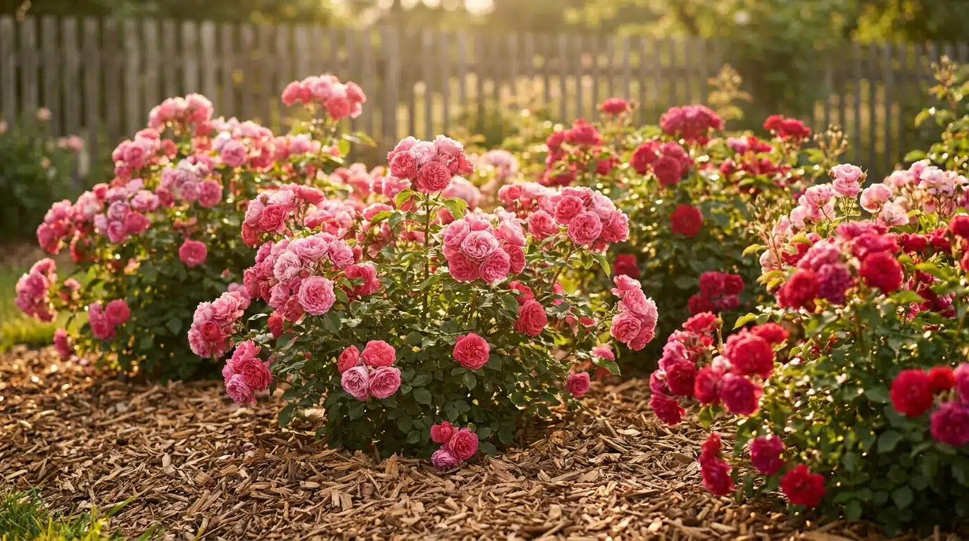 Rosiers en fleurs avec paillage de copeaux de bois au pied