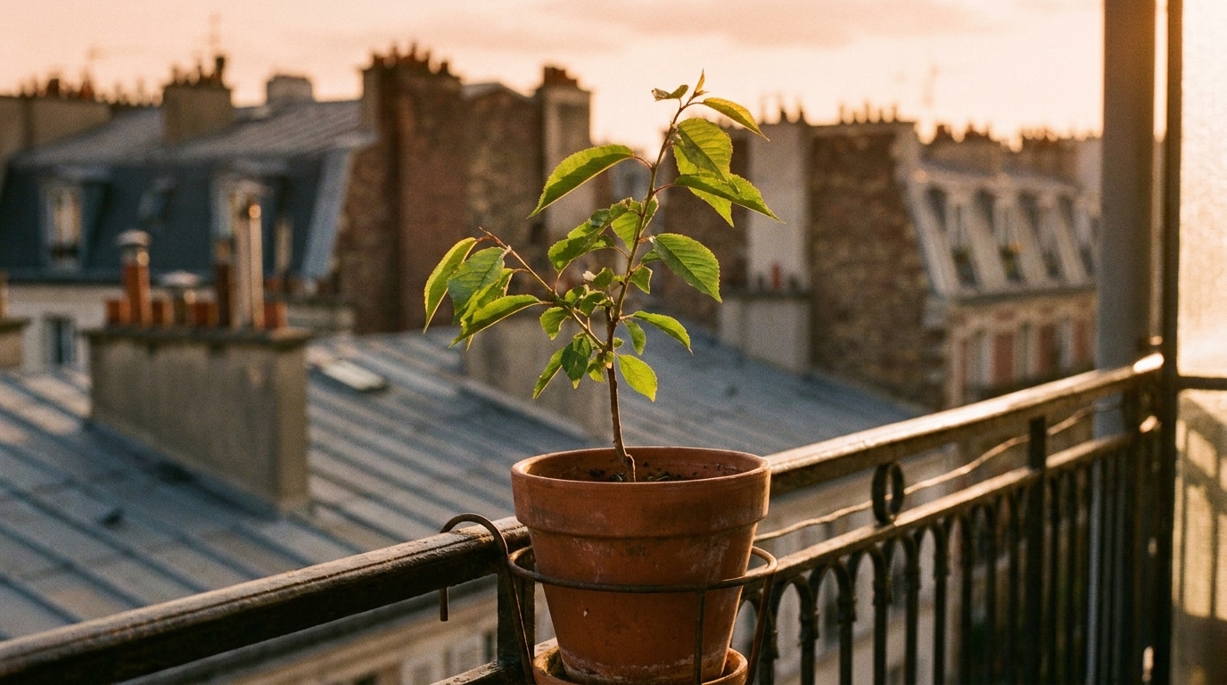 Jeune plant de cerisier en pot sur un balcon ensoleillé