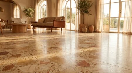 Sol terrazzo moderne dans un salon lumineux aux tons chauds