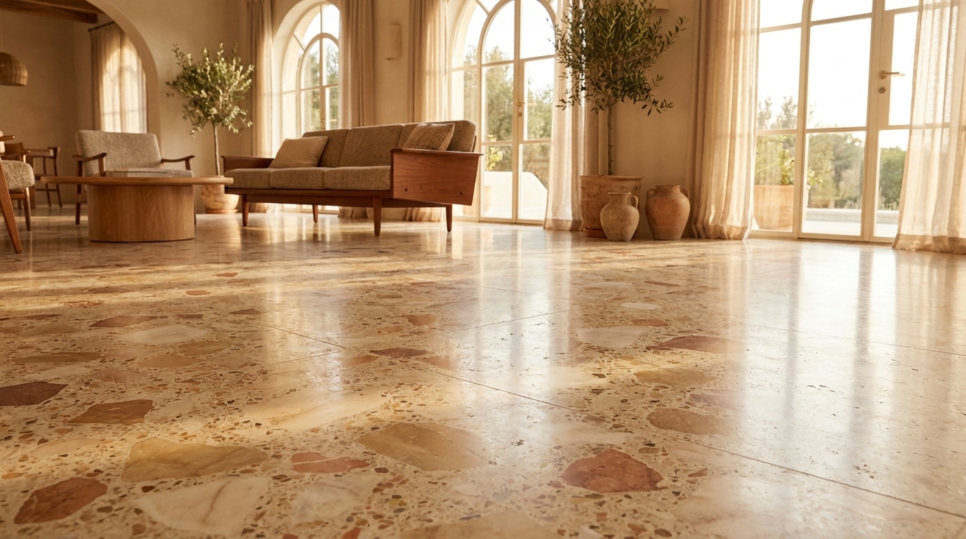 Sol terrazzo moderne dans un salon lumineux aux tons chauds