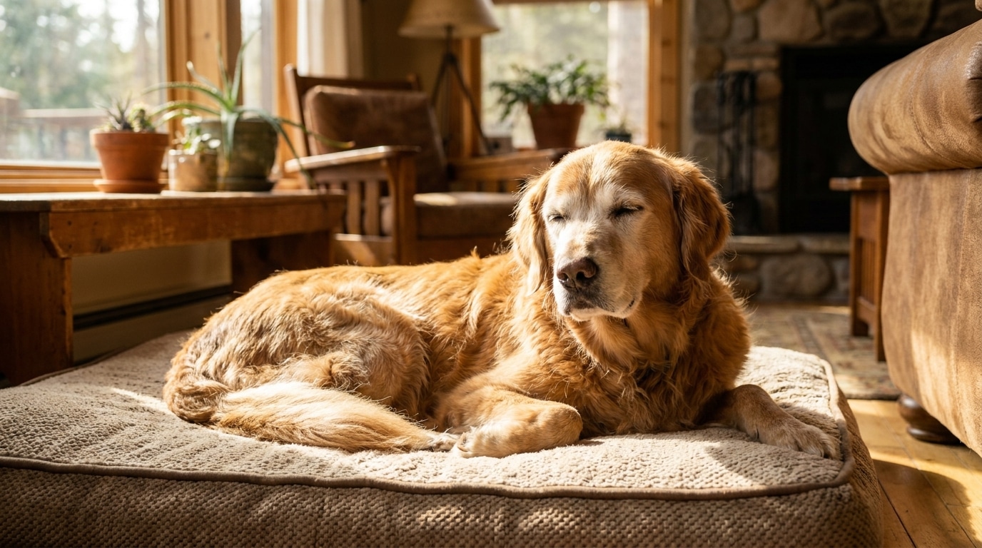 Vieux golden retriever grisonnant couché sur un coussin orthopédique