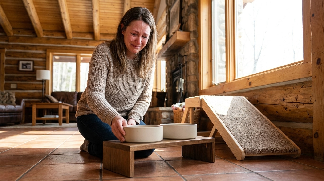 Femme émue découvrant les aménagements pour son chien âgé