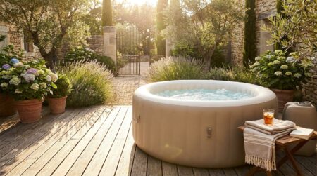 Spa gonflable rond rempli d'eau sur une terrasse ensoleillée