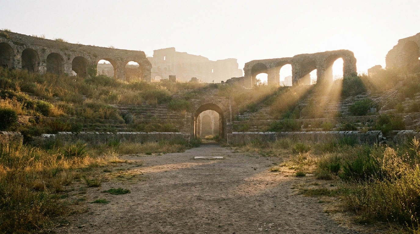 Ruines d'un amphithéâtre romain baignées de lumière dorée