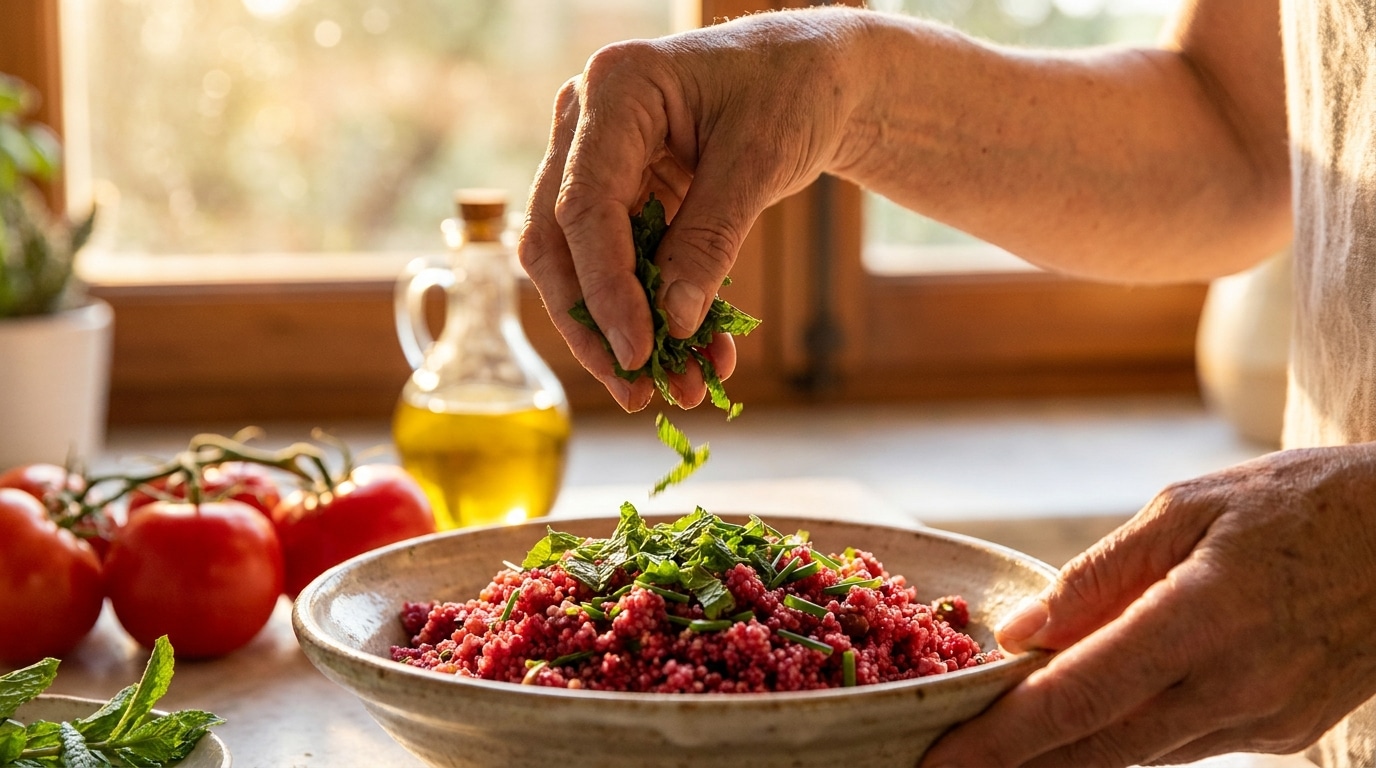 Mains ciselant des herbes fraîches au-dessus d'un taboulé coloré