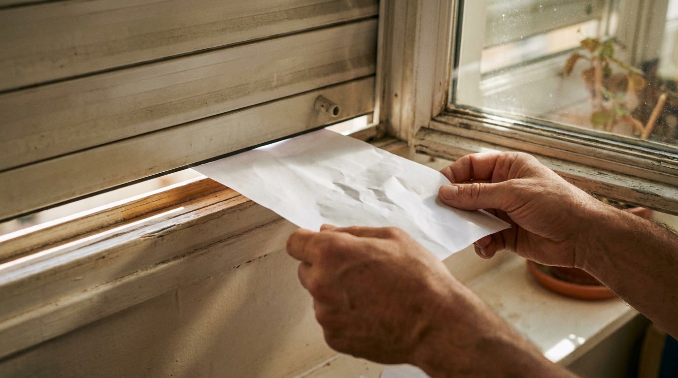 Main glissant une feuille de papier sous un caisson de volet roulant
