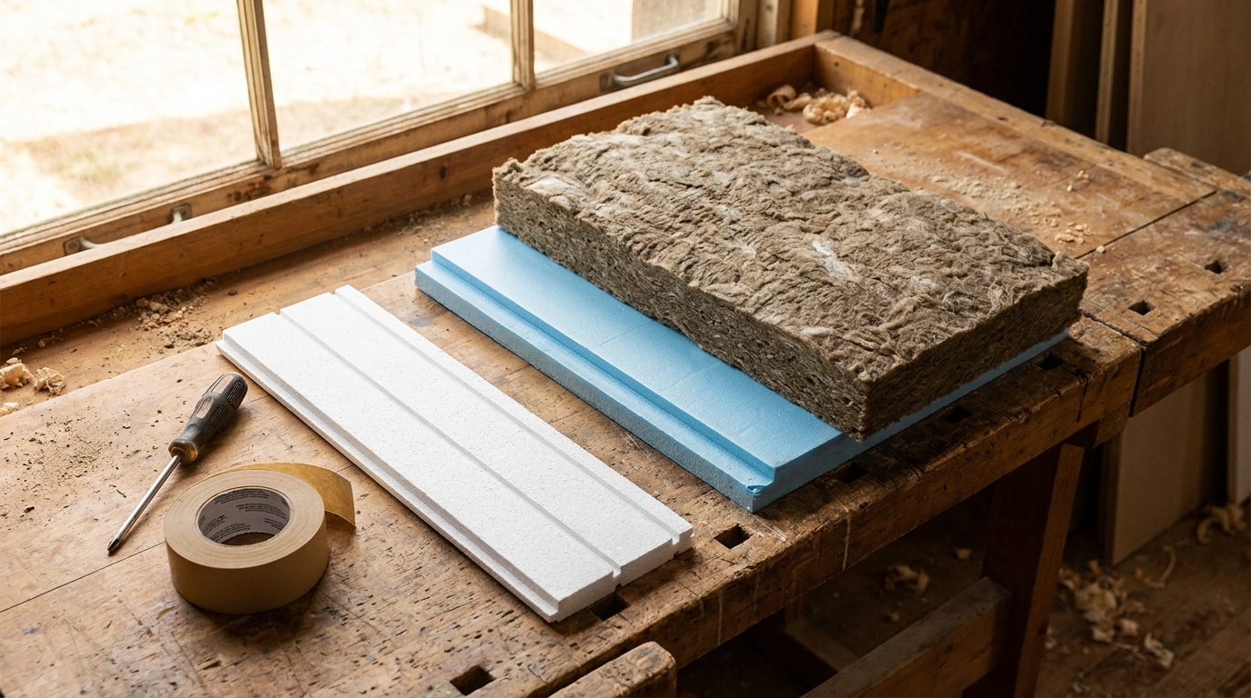 Matériaux isolants et outils posés sur un établi en bois