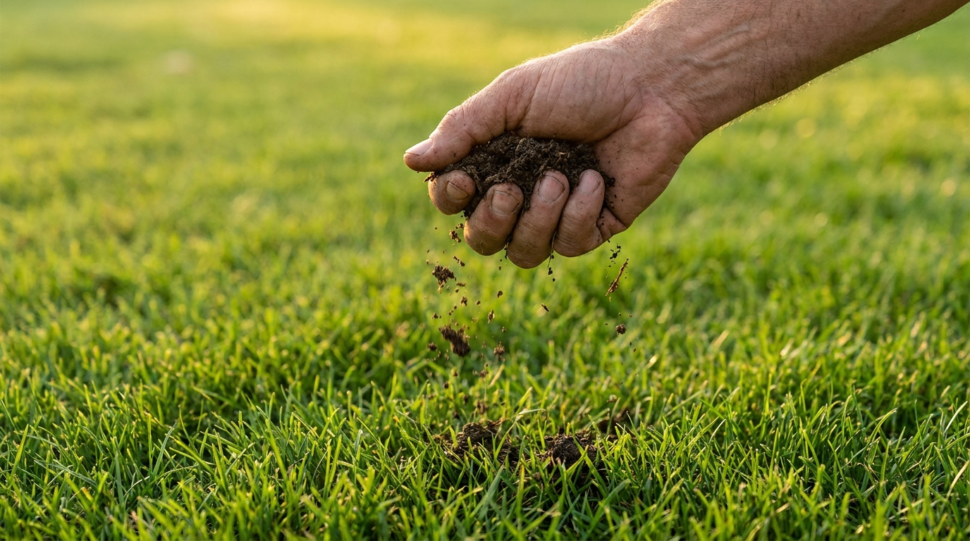 Main pressant une motte de terre au-dessus du gazon